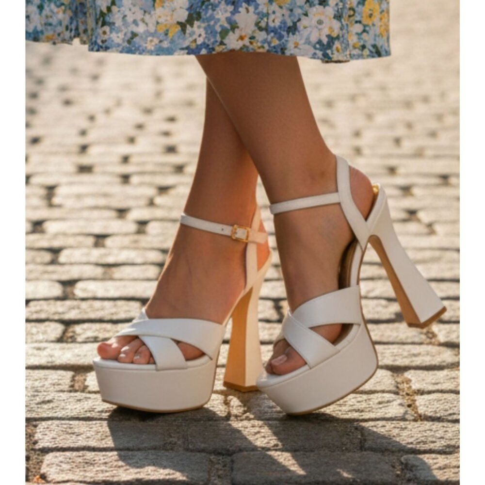 White Faux Leather Platform High Heel Sandals With Ankle Strap & Block Heel